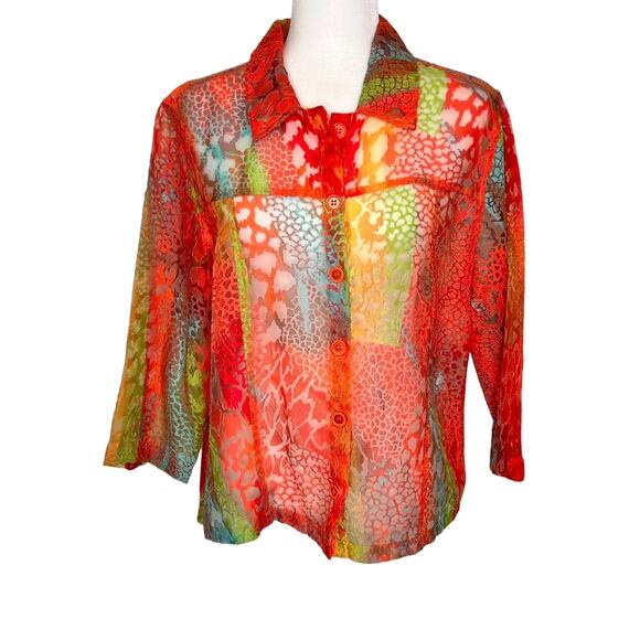 Toni Morgan Tops - Toni Morgan Bright Giraffe Print Sheer Burn Out 3/4 Sleeve Button Up Blouse LGE